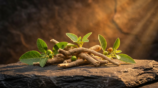 Racine et feuilles d'ashwagandha sur pierre noire, lumière dorée — guide ashwagandha Vitalis
