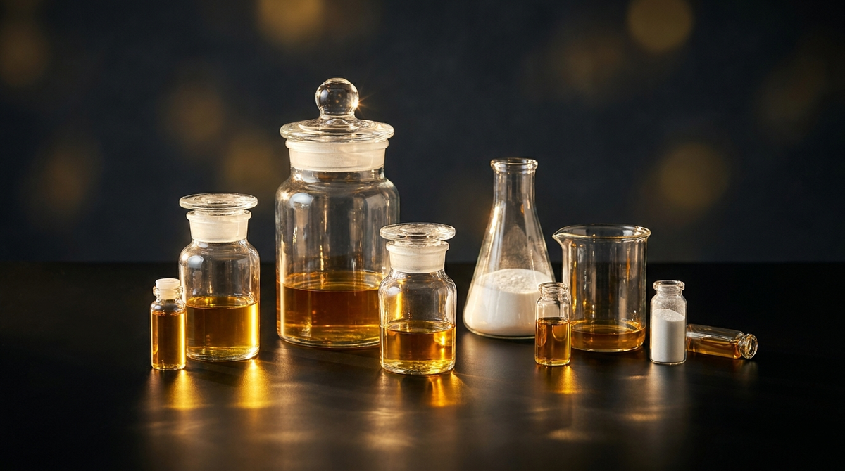 Verrerie de laboratoire avec huile dorée et poudre blanche sur fond noir — transparence Vitalis