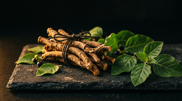 Racines d'ashwagandha et feuilles de withania sur pierre sombre
