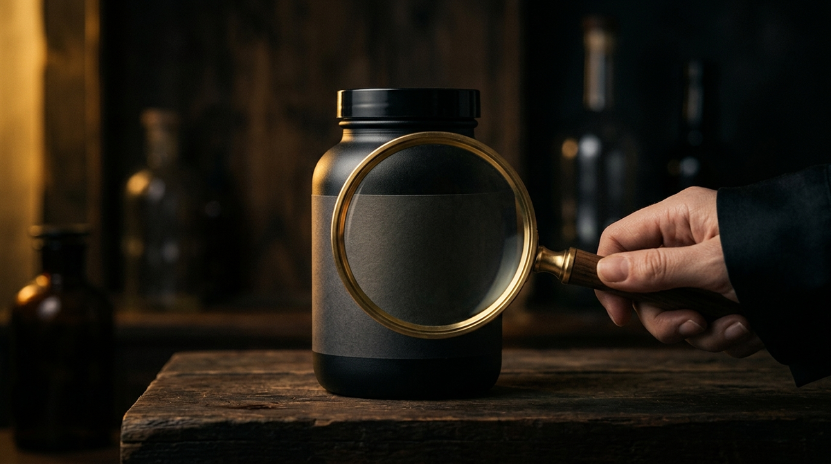 Loupe sur l'étiquette d'un complément alimentaire — transparence des dosages