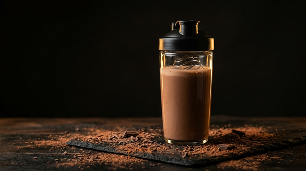 Shaker de whey protéine chocolat sur fond noir et or