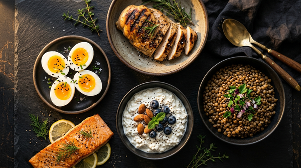 Aliments riches en protéines : poulet, œufs, saumon, lentilles