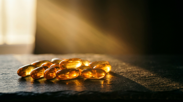 Softgels de vitamine D3 dans une lumière dorée d'hiver