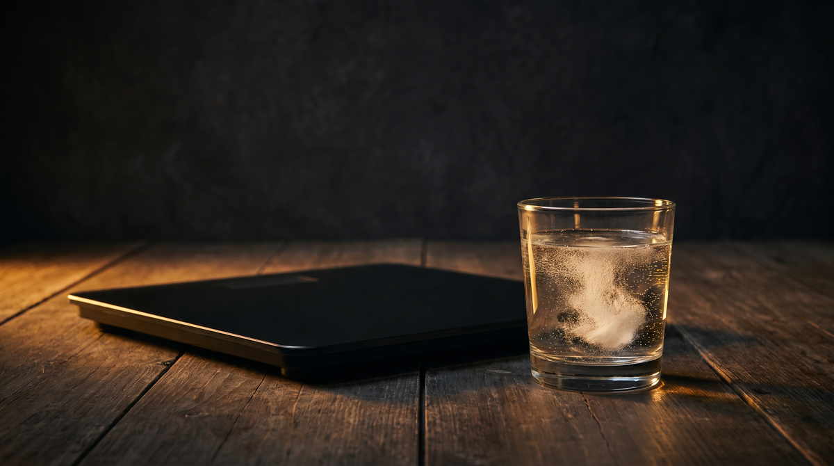 Balance de salle de bain noire et verre d'eau où se dissout de la créatine, lumière chaude