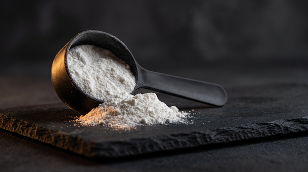 Dosette noire remplie de créatine monohydrate en poudre blanche, posée sur une ardoise sombre