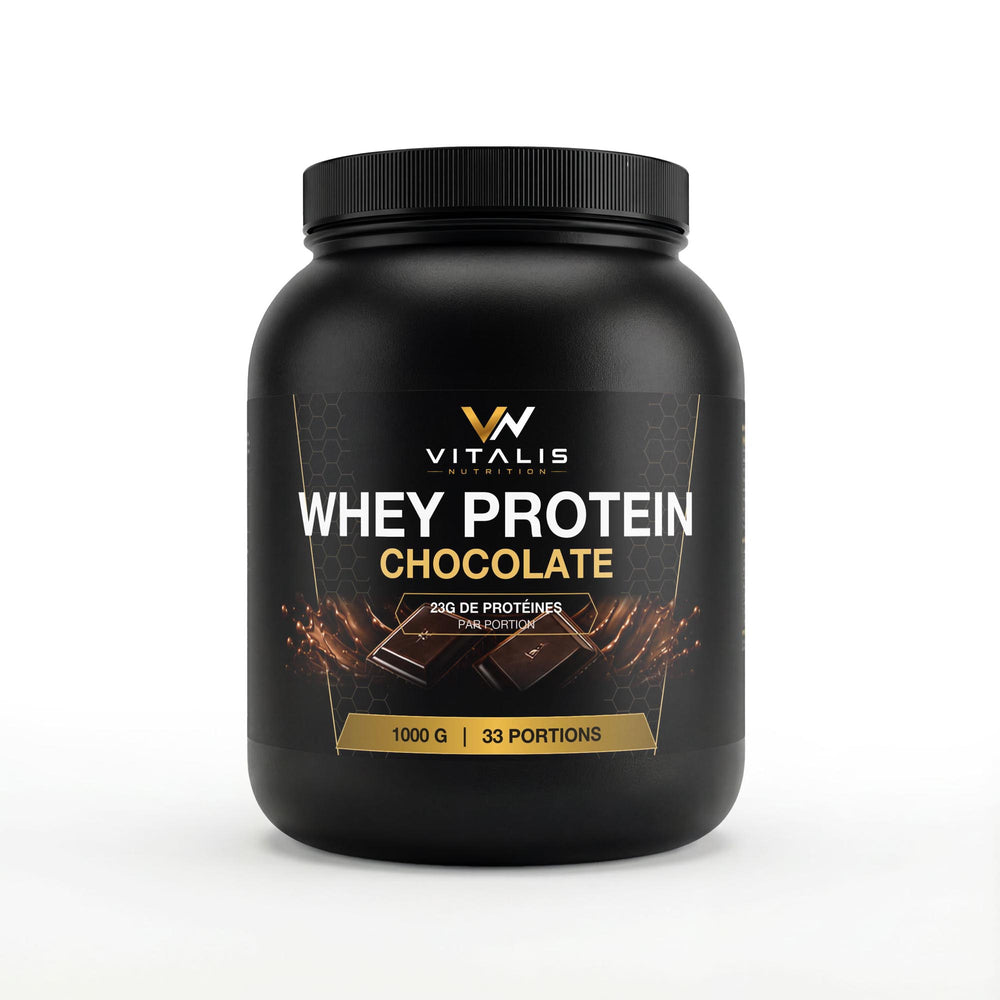 Pot de Whey Protéine saveur chocolat Vitalis Nutrition 1 kg, vue de face