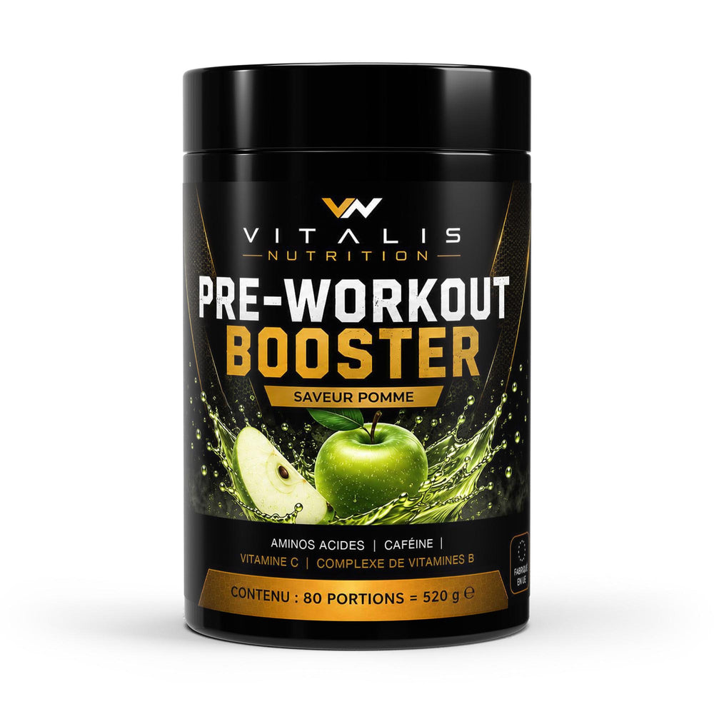 Pre-Workout Booster saveur pomme, pot 520 g Vitalis Nutrition, vue de face