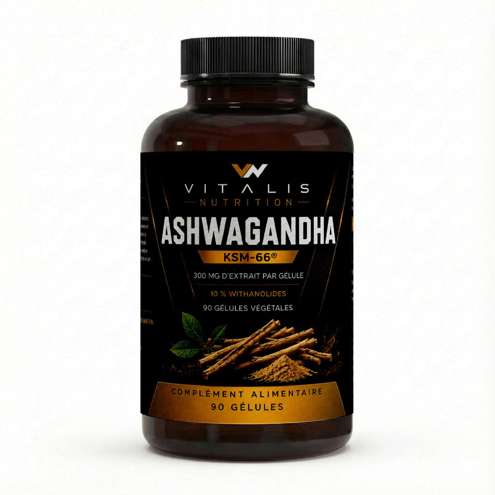 Flacon d'Ashwagandha KSM-66 Vitalis Nutrition, 90 gélules végétales