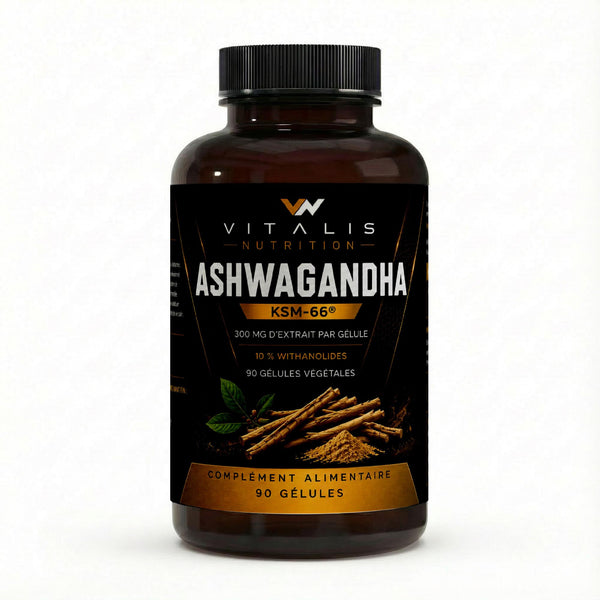 Flacon d'Ashwagandha KSM-66 Vitalis Nutrition, 90 gélules végétales