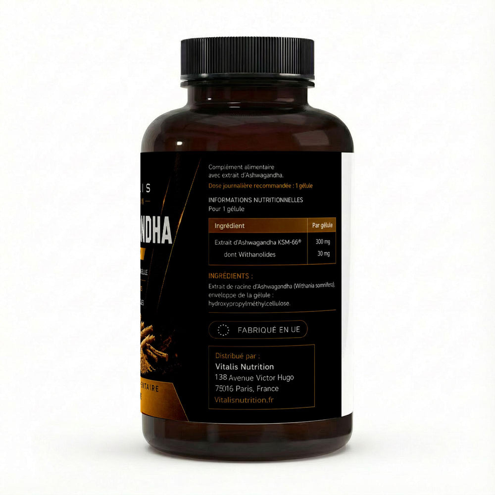 Ashwagandha Vitalis, informations nutritionnelles : 300 mg d'extrait KSM-66 dont 30 mg de withanolides