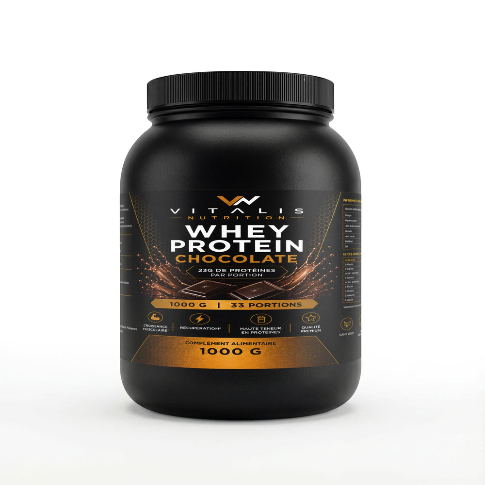 Pot de Whey Protéine saveur chocolat Vitalis Nutrition 1 kg — vue de face