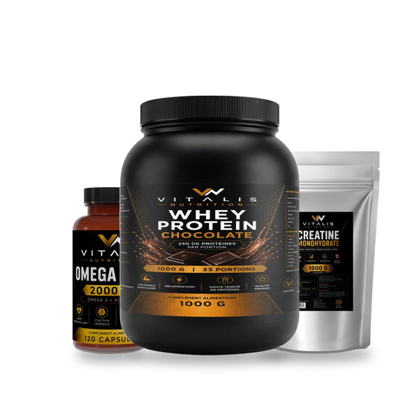 La Stack Trisbulkup — Whey Protéine Chocolat, Créatine Monohydrate et Oméga 3 Max sur fond blanc