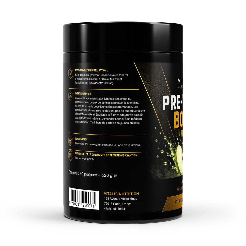 Pre-Workout Booster pomme, conseils d'utilisation, avertissements et code-barres
