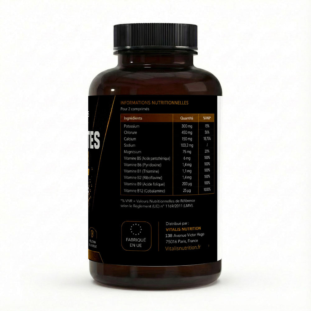 Électrolytes Vitalis, informations nutritionnelles : potassium, chlorure, calcium, sodium, magnésium et vitamines B