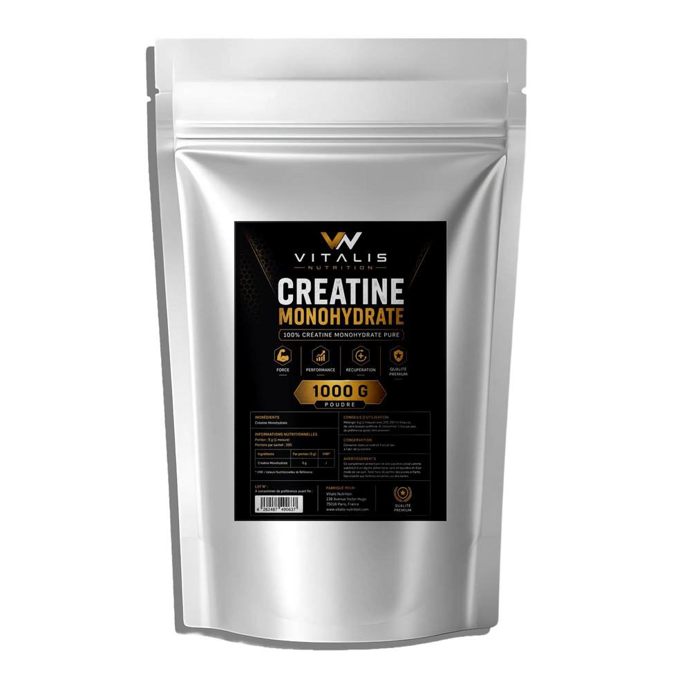 Pot de Créatine Monohydrate pure micronisée Vitalis Nutrition, 1 kg — fond transparent