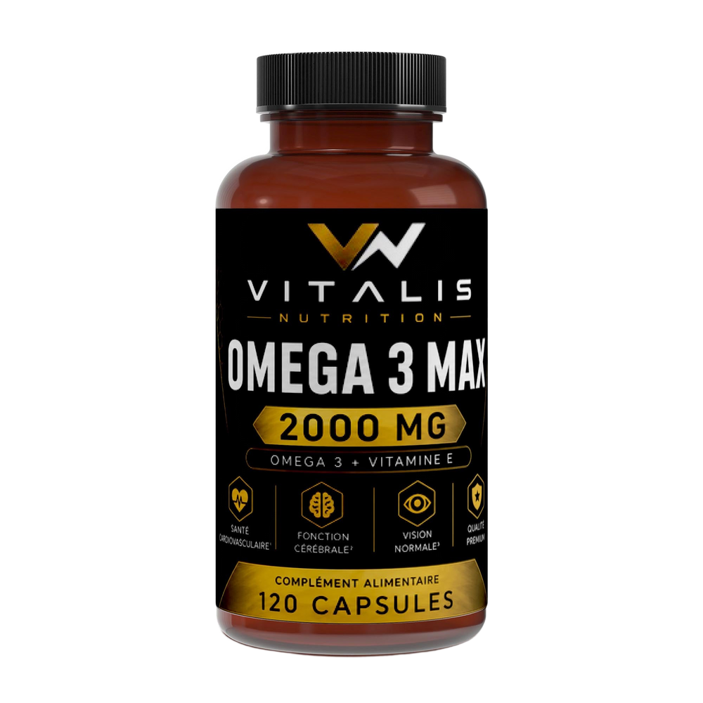 Flacon d'Oméga 3 Max 2000 mg EPA et DHA Vitalis Nutrition, 120 capsules — fond transparent