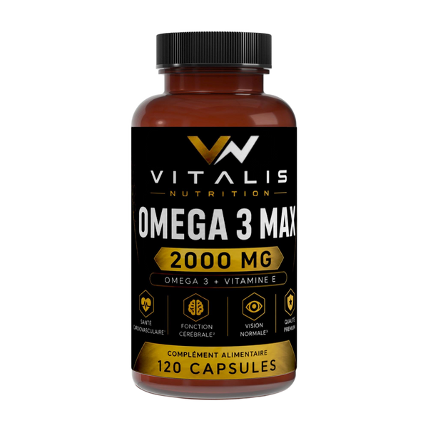 Flacon d'Oméga 3 Max 2000 mg EPA et DHA Vitalis Nutrition, 120 capsules — fond transparent