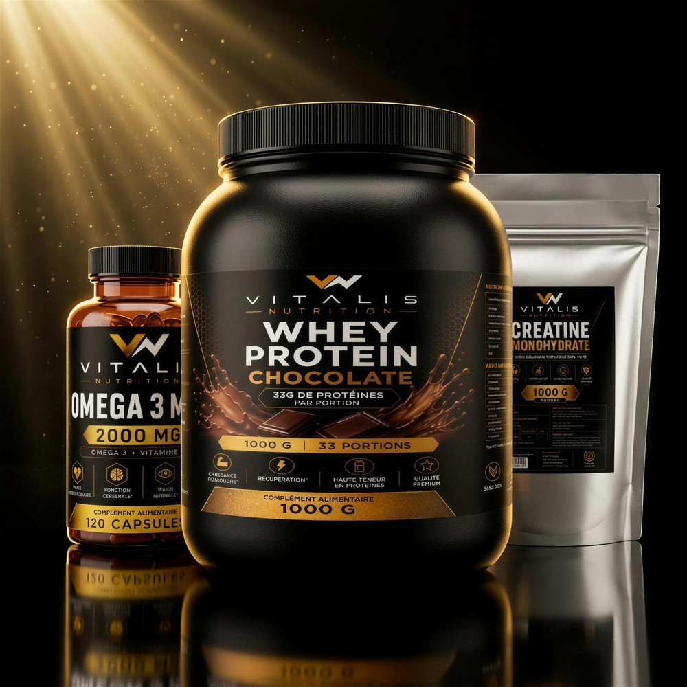 La Stack Trisbulkup — Whey Protéine Chocolat, Créatine Monohydrate et Oméga 3 Max, packshot premium noir et or
