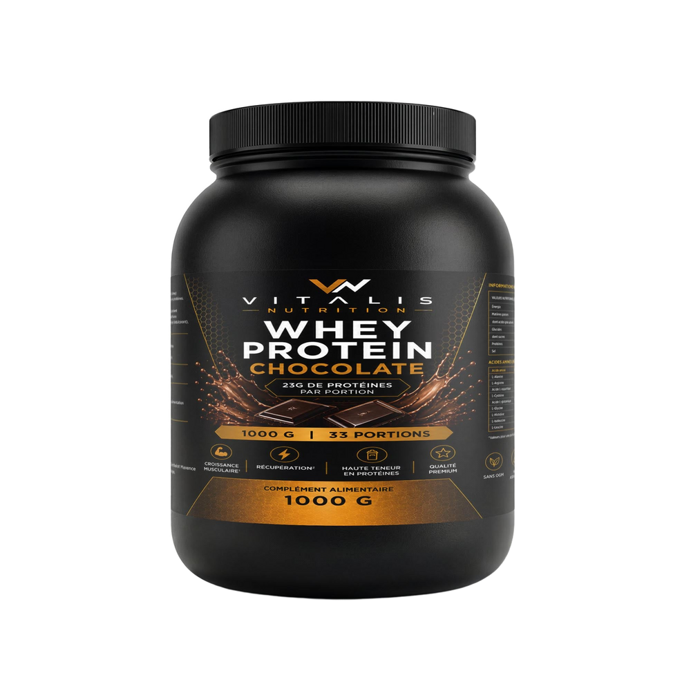 Pot de Whey Protéine saveur chocolat Vitalis Nutrition, 1 kg — fond transparent