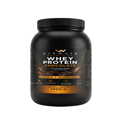 Pot de Whey Protéine saveur chocolat Vitalis Nutrition, 1 kg — fond transparent