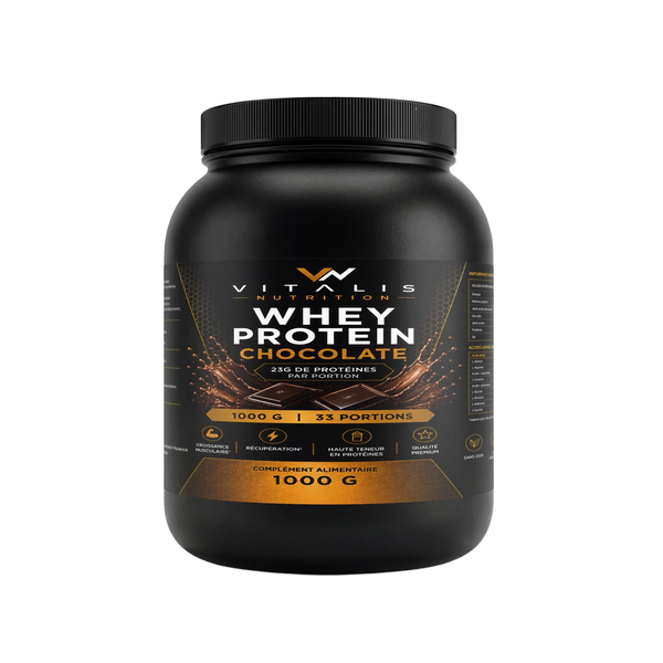 Pot de Whey Protéine saveur chocolat Vitalis Nutrition, 1 kg — fond transparent