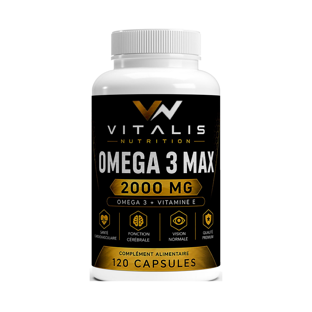 Flacon d'Oméga 3 Max 2000 mg EPA et DHA Vitalis Nutrition, 120 capsules, fond transparent