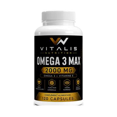 Flacon d'Oméga 3 Max 2000 mg EPA et DHA Vitalis Nutrition, 120 capsules, fond transparent