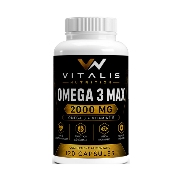 Flacon d'Oméga 3 Max 2000 mg EPA et DHA Vitalis Nutrition, 120 capsules, fond transparent