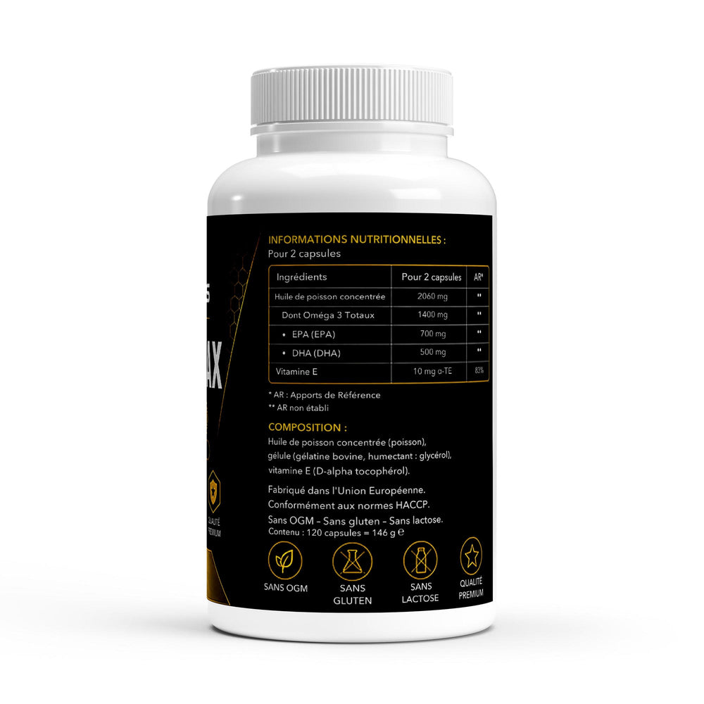 Oméga 3 Max 2000 mg Vitalis, informations nutritionnelles : EPA, DHA et vitamine E