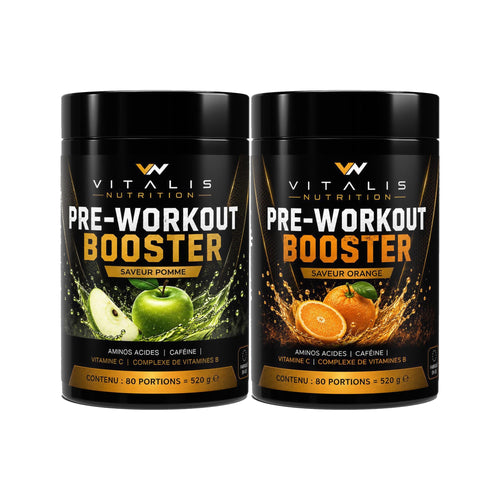 Pre-Workout Booster Vitalis Nutrition, les deux saveurs : pomme et orange, pots 520 g