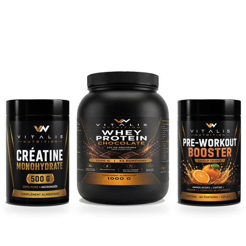 La Stack Trisbulkup : Créatine Monohydrate 500 g, Whey Protéine Chocolat et Pre-Workout Booster
