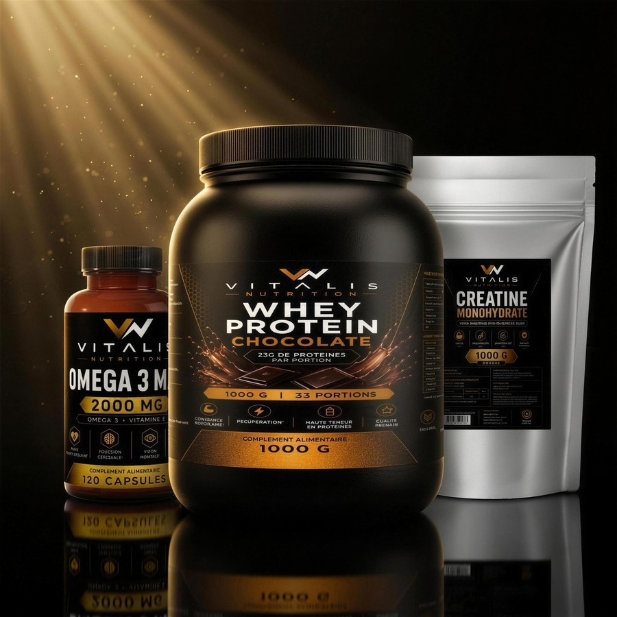 Stack Trisbulkup — Whey, Oméga 3 et Créatine Vitalis Nutrition sur fond noir doré