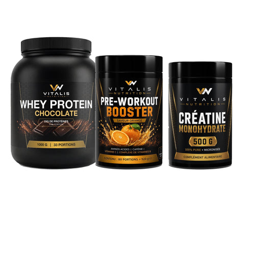 La Stack Trisbulkup : Whey Protéine Chocolat 1 kg, Pre-Workout Booster et Créatine Monohydrate 500 g