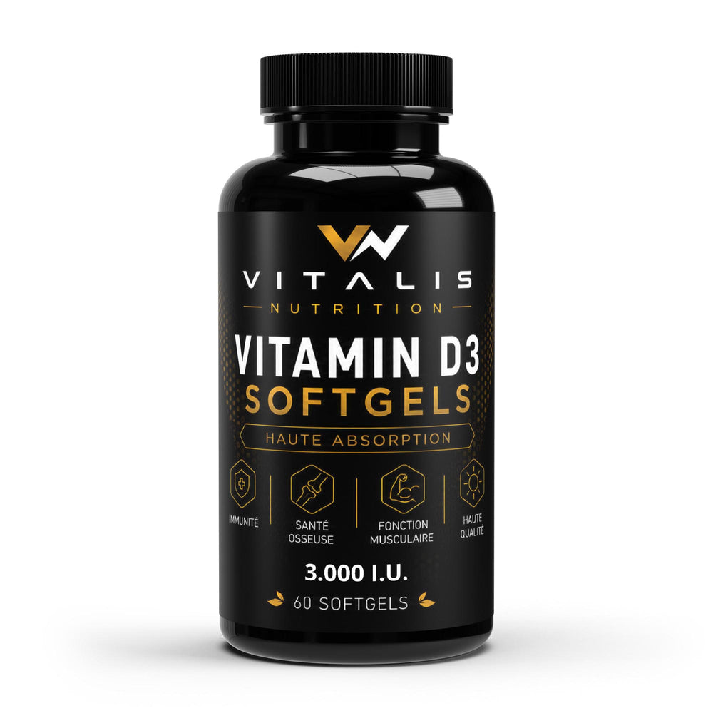 Flacon de Vitamine D3 3000 UI vegan Vitalis Nutrition, 60 softgels