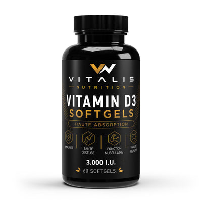 Flacon de Vitamine D3 3000 UI vegan Vitalis Nutrition, 60 softgels