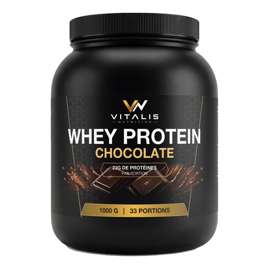 Pot de Whey Protéine saveur chocolat Vitalis Nutrition, 1 kg, fond transparent